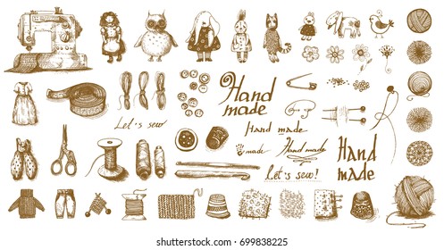 A large vector set of handicrafts, handmade. Contains elements of embroidery, sewing, knitting. It is executed in a graphic vintage style. Suitable for the design of magazines and books of needlework.