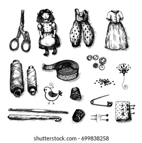 A large vector set of handicrafts, handmade. Contains elements of embroidery, sewing, knitting. It is executed in a graphic vintage style. Suitable for the design of magazines and books of needlework.
