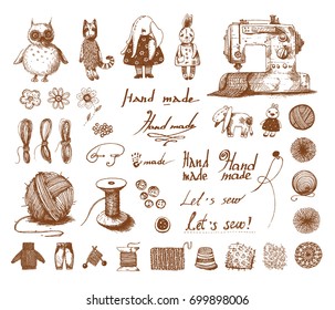 A large vector set of handicrafts, handmade. Contains elements of embroidery, sewing, knitting. It is executed in a graphic vintage style. Suitable for the design of magazines and books of needlework.