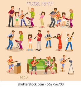 Large vector set of happy parents and children playing music, singing and dancing  