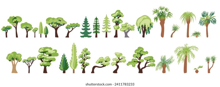 Large vector set of icons of deciduous coniferous trees palms and dracaena hand-drawn in a flat style and isolated on a white background for the design and decor of maps and park and urban info