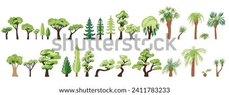 Large vector set of icons of deciduous coniferous trees palms and dracaena hand-drawn in a flat style and isolated on a white background for the design and decor of maps and park and urban info