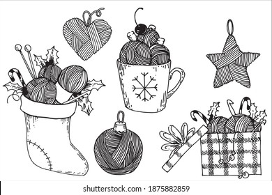 
large vector set of illustrations on the theme of christmas and new year knitting. Christmas gifts with balls of wool, knitting needles, crochet for knitting. holiday of needlework