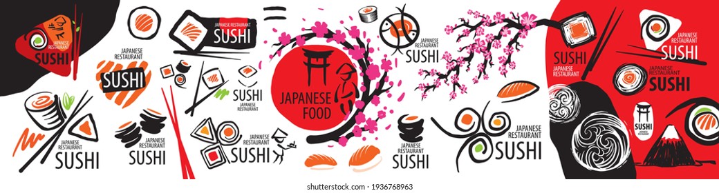 Gran vectores de logos de comida japonesa en un fondo blanco