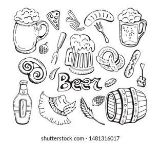 Large vector set line art hand drawn Doodle cartoon set Oktoberfest themed elements, objects and symbols. Isolated objects on white background. Beer festival. Autumn festival. Beer set.