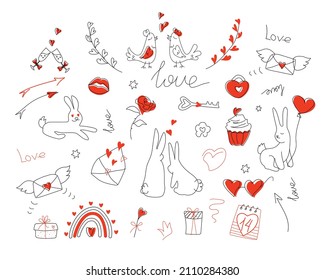 A large vector set of love symbols in doodle style for Valentine's Day. Hearts, lovebirds, hares, flying envelopes, a rose, a rainbow. Isolated collection of festive elements for greeting card, print