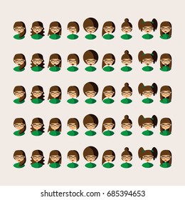 Large vector set with lovely brunette girl portraits with various emotions and hairstyle. Isolated on background collection good for woman character