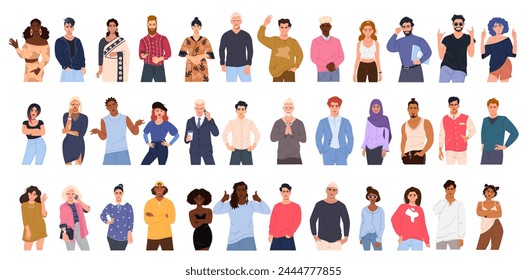 Un Grande Vector de personajes multirraciales masculinos y femeninos en diferentes poses. Un grupo de hombres y mujeres jóvenes modernos en un estilo plano sobre un fondo blanco