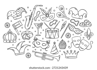 Grande conjunto de Vector, Mardi Gras, máscaras de carnaval, corona, sombrero de bufón, cuentas, instrumentos musicales, golosinas, simples iconos en blanco y negro, estilo doodle y sketch