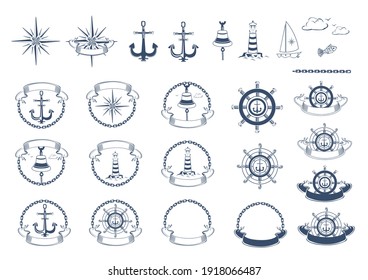 Large vector set of nautical symbols and label. Anchor, steering wheel, lighthouse, wind rose, sailboat, bell, frames, ribbon, chain, label, clouds in one set. Black isolated on white background.