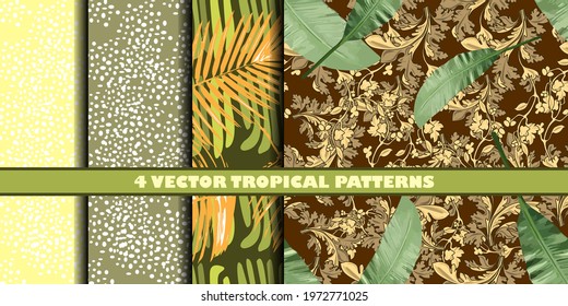 large vector set of patterns in beige and brown tones, in dots and with banana and tropical leaves