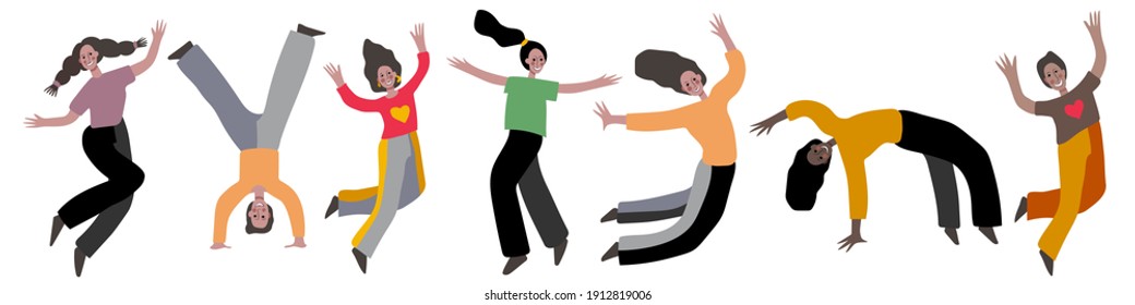 A large vector set of people in various poses. People jump up and your arms extended to the sides, are a bridge, stand on your head. People smile broadly.