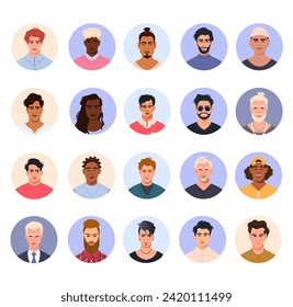 A large vector set of portraits, avatars of young men of different appearance and nationality in circles. Collection of faces and icons of male characters for user profiles