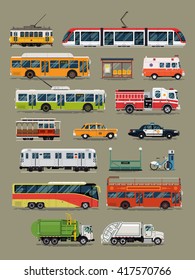 Large Vector Set Of Public, Service And Emergency City Transport Vehicles. Mass Transit And Special Urban Transport Icons. Taxi, Police Car, Ambulance, Tramway Car, Subway, Cable Car, Garbage Truck