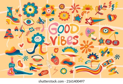  A large vector set of retro groove elements from the 70s, cute stickers in the funky hippie style. Cartoon flowers, mushrooms, hearts, cherries, sun, good vibes, hippie collection.