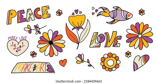 A large vector set of retro groove elements from the 70s, cute stickers in the funky hippie style. Cartoon flowers, mushrooms, hearts, cherries, sun, good vibes, hippie collection. Positive vector
