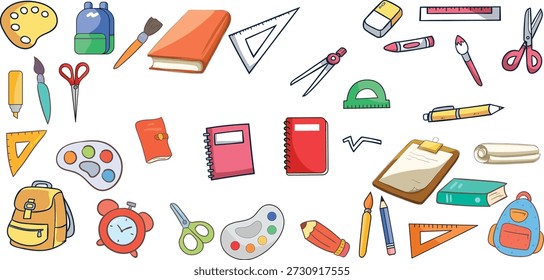 Grande conjunto de Vector de papelería de la escuela y los iconos de suministros de arte con mochilas, cuadernos, tijeras y pinturas