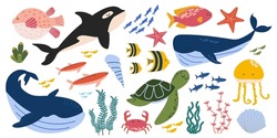Large Vector Set Of Sea Animals, Fish, Turtles, Whales, Jellyfish, Algae, Shells. Ocean Animals, Underwater World. Marine Life. Vector Collection Of Ocean Inhabitants In Flat Style. White Background.