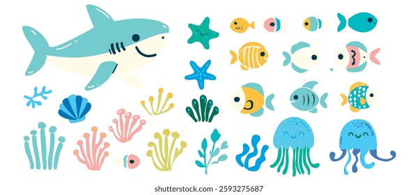 Large vector set of sea animals, fish, jellyfish, shells. Ocean animals, underwater world. Marine life. Vector collection of ocean inhabitants in flat style. White background.