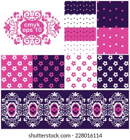 Large vector set of seamless backgrounds and borders of pink, purple, dark-blue, white colors with flowers.
