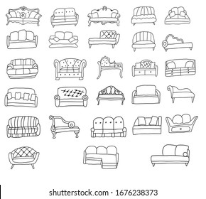 Large Vector set of sofas. Drawing in the Doodle style. isolated on a white background. Vintage modern comfortable and stylish sofas and daybeds.  For design, decoration, web, coloring.