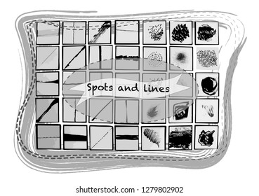Large vector set of vector spots and lines. Big beautiful kit of lines. Big beautiful set of spots. Set of prints. A set of points and circles. Decorative ink sketches. Sketches of spots, lines.