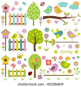Large vector set for the spring theme. Spring nature, different birds, birdhouses, trees, flowers, insects.