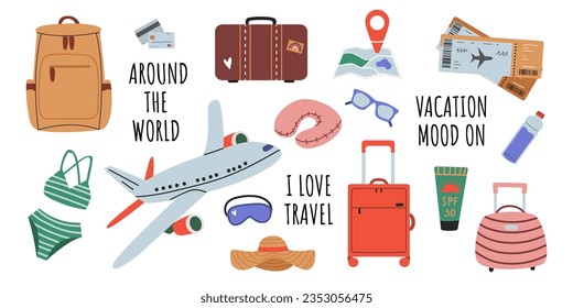 Gran conjunto vectorial de accesorios de viaje. Accesorios para unas vacaciones junto al mar. Juego de accesorios de viaje, maletas, maletas, equipaje, bikini, mapa, avión, boletos. Ilustración vectorial plana.