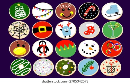 Un Grande conjunto de Vector de veinte galletas de Navidad redondas decoradas con varios Elementos de temática navideña e invernal, incluida una cara de hombre de jengibre, cinturón de Santa, sombrero de elfo, reno, muñeco de nieve, telaraña, coc