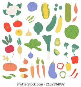 A large vector set of vegetables. Corn, cabbage, squash, cucumber, tomato, etc. Healthy organic food. Flat design on a white background.