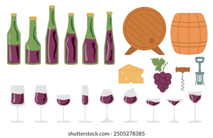 Large vector set with wine elements, bottles and glasses of various shapes with red wine. Winery.