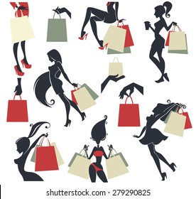 large vector shopping collection, girls and bags