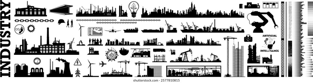 Large vector silhouettes set industry - Isolated design graphic elements - Sectors and industries in the economy - Templates models - Energy transportation production and manufacturing of products