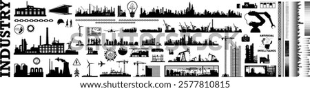 Large vector silhouettes set industry - Isolated design graphic elements - Sectors and industries in the economy - Templates models - Energy transportation production and manufacturing of products