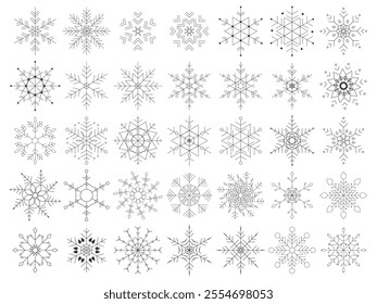 Large Vector Snowflakes Collection. Geometric Snow Crystals and Flat Snowflake Designs. Winter Holiday Set. Minimal Line Art Snowflakes