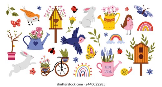 Large vector spring set. Spring season. Flowers, birds, birdhouses, watering cans, butterflies, rabbit. Collection of spring elements for scrapbooking. Hand drawn style. Flat design.