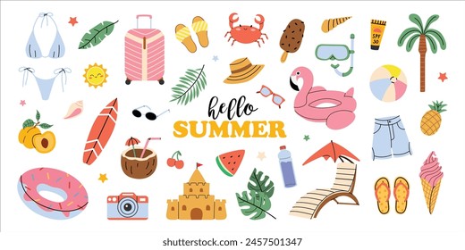 Large vector Summer set. Hello summer. Ice cream, swimming lap, fruits, swimsuit, ball, leaves, sand castle, seashells. Collection of summer elements for scrapbooking. Hand drawn style. Summer poster.