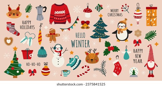 Large vector winter set. Christmas set. New Year. Christmas trees, snowman, reindeer, snowflakes, sweater, teapot, socks, inscription. Collection of winter elements for scrapbooking. Hand drawn style.