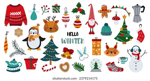 Large vector winter set. Set of New Year and Christmas objects. Collection of winter elements for scrapbooking. Christmas tree, penguin, toys, hat, gloves, reindeer. White isolated background.