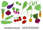 Large vegetables set. Hand drawn Illustration of carrot, beet, radish, tomato, lettuce, onions, zucchini, peas, and more. Clipart for healthy food and farm-themed designs