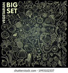 A large vegetarian set of hand-drawn vegetables, fruits and plants. Menu decoration set. Cartoon. Simple stylized shapes. Black and white. Vector.