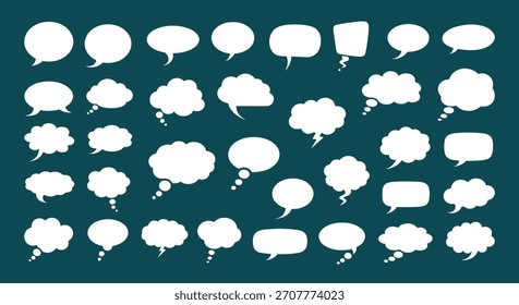 Eine große und vielseitige Sammlung von weißen Silhouetten Rede und Gedankenblasen in verschiedenen Formen auf dunklem Teal Hintergrund.