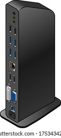 A Large Vertical Oriented USB Laptop Docking Station. With Connectors For Microphone, Headphones, USB, DisplayPort, Ethernet Networking, VGA, And DVI Video.