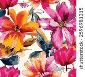 large and vibrant flowers in shades of orange, pink, purple and red