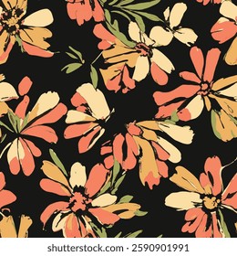 
large and vibrantly colored floral designs on a black background