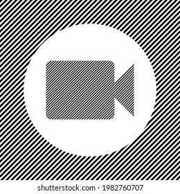 A Large Video Camera Symbol In The Center As A Hatch Of Black Lines On A White Circle. Interlaced Effect. Seamless Pattern With Striped Black And White Diagonal Slanted Lines