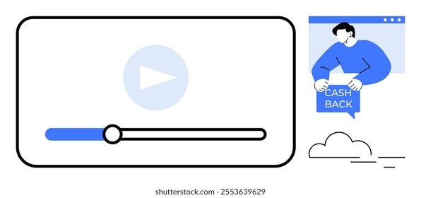 Large video player with play button and progress bar, and a person holding a cash back sign. Ideal for video tutorials, online marketing, customer incentives, digital advertising, educational