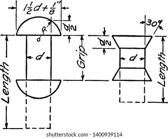 Large View of Riveting for Drawing is the rivets for Osborn symbol, illustration showing the length of the rivets which not well suited to large drawings, vintage line drawing or engraving