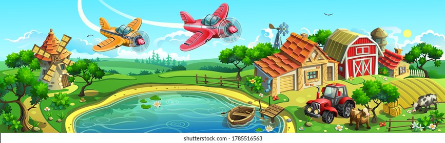 Large Village In The Countryside. Farm With Field, Houses, Shed, Mill, Tractor, Cows And Aircrafts.