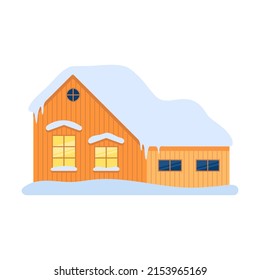 large village house with a central entrance in a winter town. Vector illustration of Christmas buildings